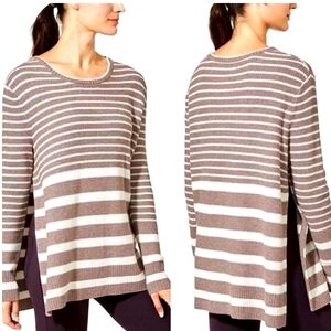 Athleta Kennewick Merino Wool side slit sweater Beige White Stripes, size M
